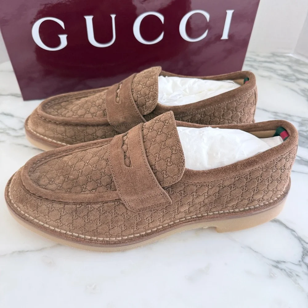 GUCCI  GG Moreau Moccasin Brown Suede Loafer Shoe Penny Strap, G 8+